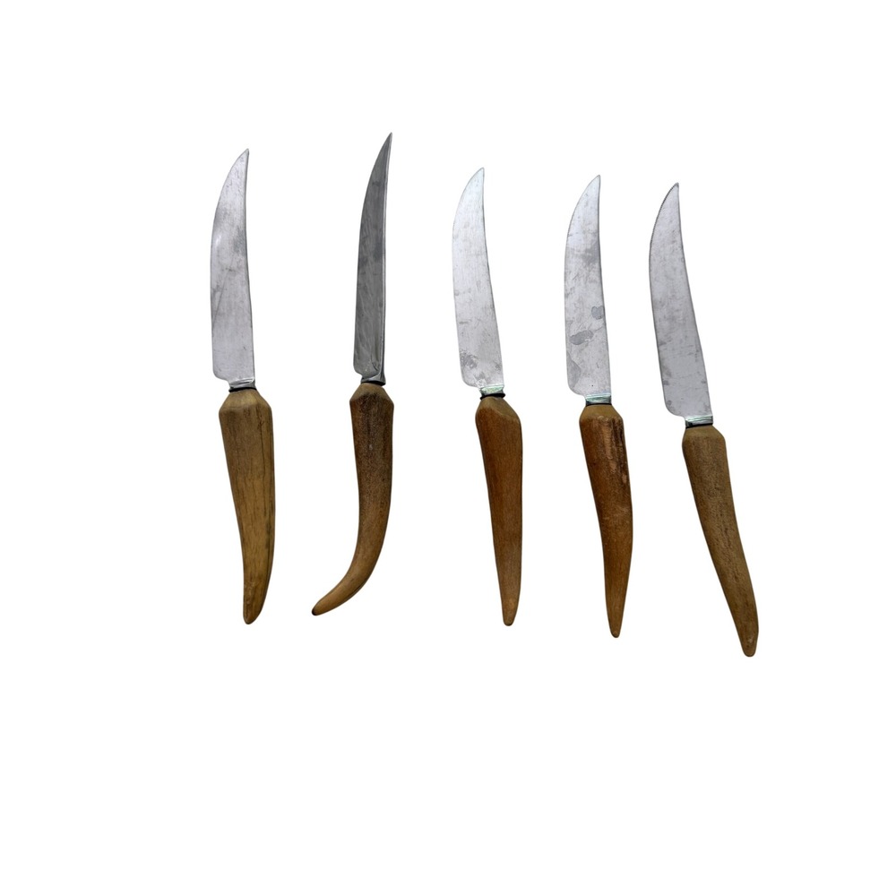 J. Sanderson & Son Steak Knives 5pc Stag Horn Handle Sheffield England Silver